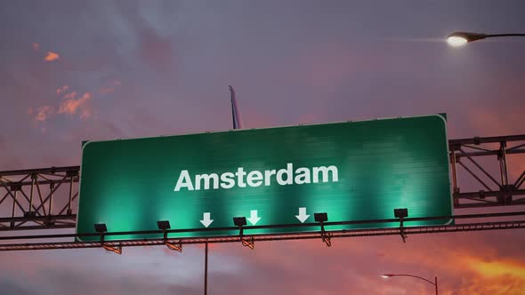 Airplane Landing Amsterdam During a Wonderful Sunrise