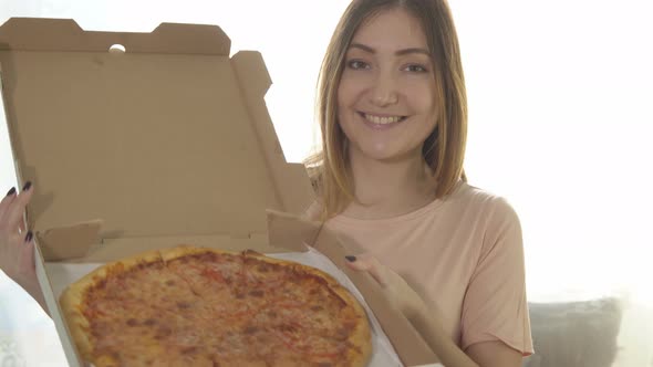 Young Woman Eating Appetizing Pizza, Calorie Food