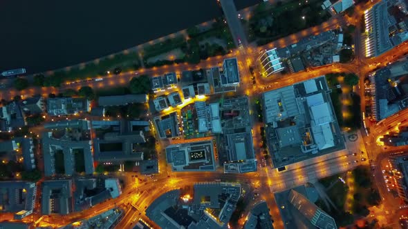 Hyper Lapse Time Lapse of Frankfurt Am Main Germay Night City Traffic with Orange Lit Streets Aerial