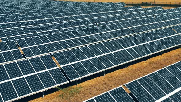 Outdoors Solar Power Farm with Batteries. Solar Cells, Renewable Energy Production.