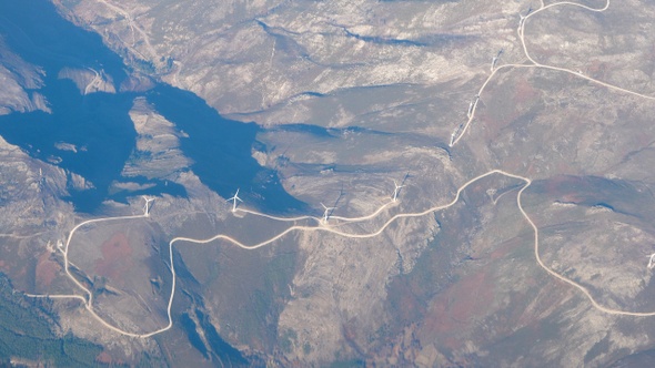 Hills with Wind Turbines Arial View.