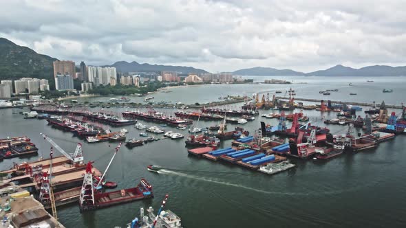 Vessels anchored safely in typhoon shelter, Tuen Mun, Hong Kong; aerial