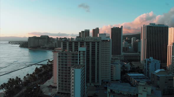 Aerial drone footage of Honolulu, Hawaii. Beautiful real estate, buildings in the city. Palm trees