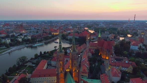 Aerial: Cathedral Island in Wroclaw, Poland