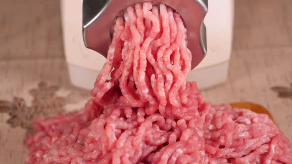 Filling Comes Out Through a Meat Grinder Sieve, Meat Grinder Close Up. Pile of Chopped Meat, Mincer