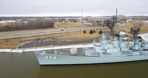 USS Edson Navy Destroyer decommissioned in Bay City Michigan with drone shoting sideways.