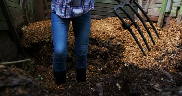 Mature woman using gardening fork in the garden 4k