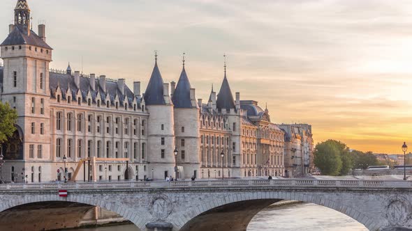 Dramatic Sunset Over River Seine and Conciergerie Timelapse in Paris France