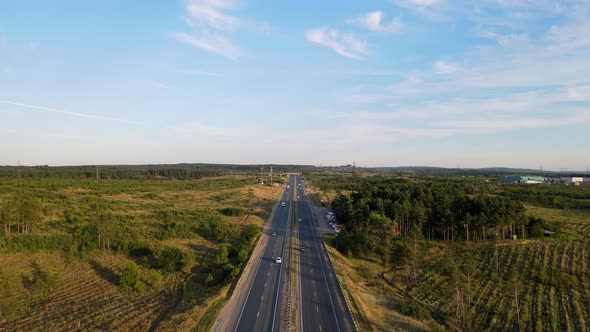 Track with cars, in the middle of a landscape of green trees and blue sky.