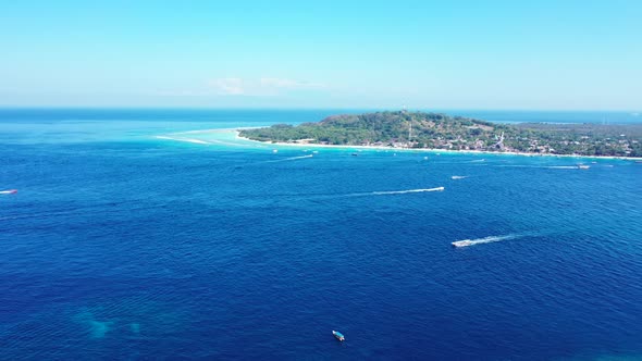 Aerial drone view tourism of exotic tourist beach journey by clear lagoon and white sandy background