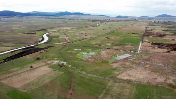 Backwater on fields. Aerial panoramic view