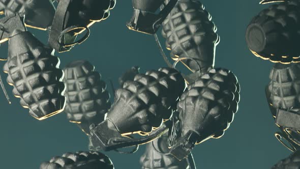 Endless loop animation with falling pineapple grenades on dark green background.