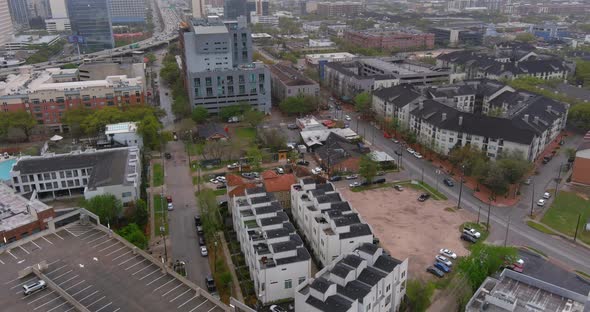 Aerial view of neighborhoods in the Houston Third Ward area across from downtown