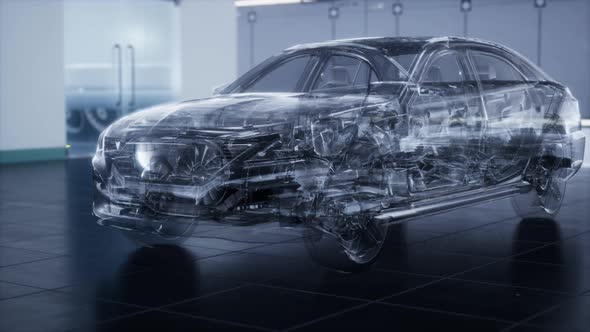 Transparent Car with Engine in Laboratory