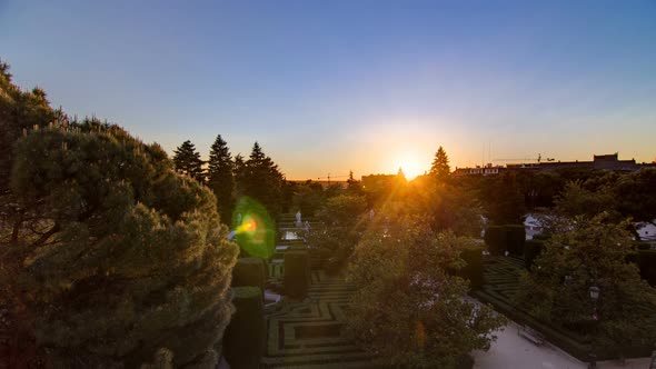 Beautiful Sunset Timelapse at Sabatini Gardens Near Royal Palace in Madrid Spain