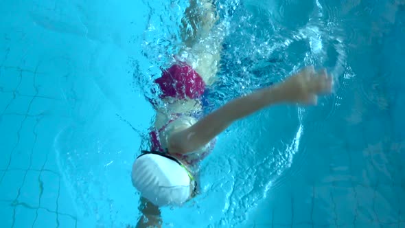 Swim Finish. Slow Motion of Young Woman Swimmer Practicing Freestyle in Swimming Pool. Woman