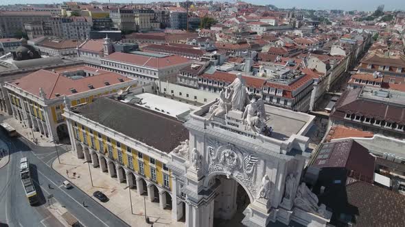 aerial footage of Augusta Arch in Lisbon, Portugal