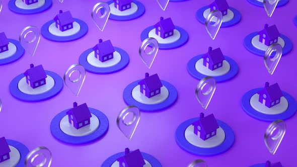 Houses and locations pin on a violet purple isometric background