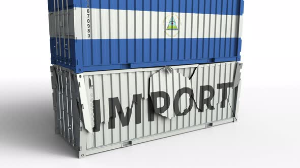 Container with Flag of Nicaragua Breaks Container with IMPORT Text alt