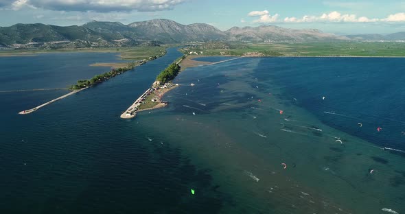 Panoramic aerial view of the Neretva delta valley river.