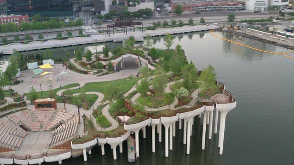 An aerial view over Manhattan's Little Island, a public green space, the shot was taken early in the