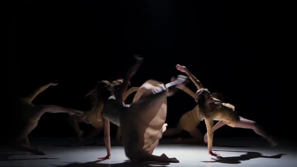 Five Beautiful Girls Continue Dancing Modern Contemporary Dance, on Black, Shadow