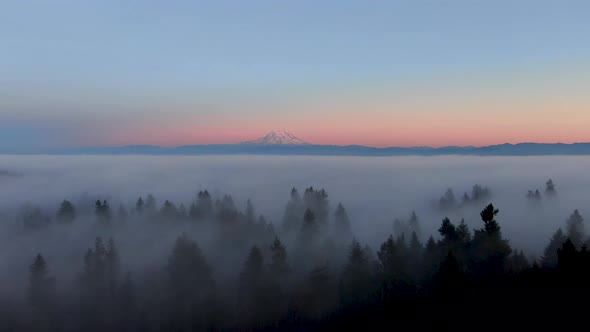 4K Drone flight above the clouds towards Mt. Rainier, Washington State at sunset.