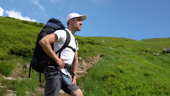 Happy Hiker Winning Reaching Life Goal Success Freedom and Happiness Achievement in Mountains