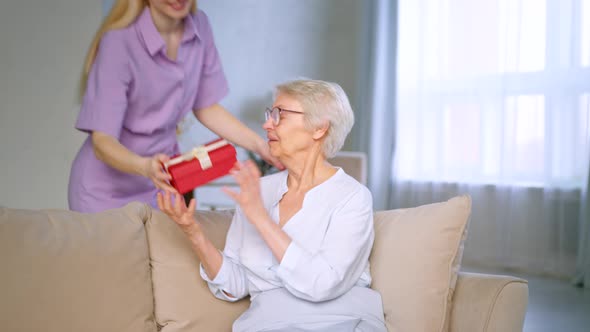 Young daughter giving a present to a elderly mother