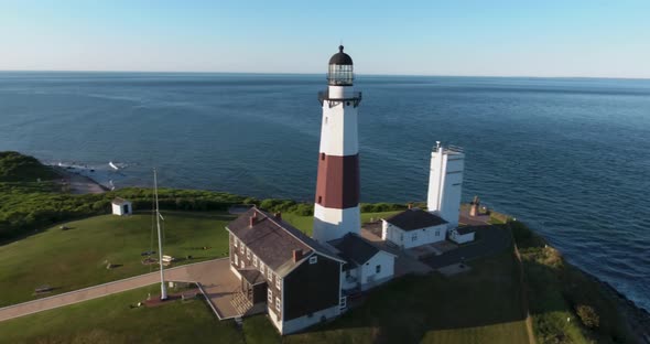 Long Island Lighthouse Close-up Aerial Orbit