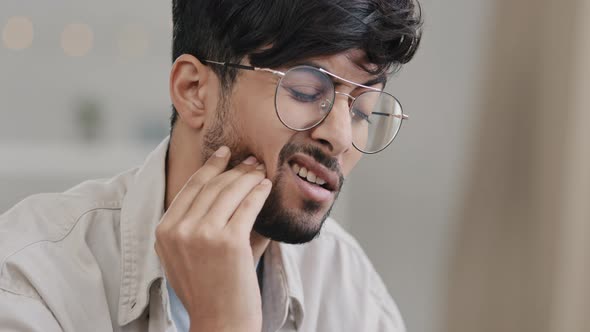 Closeup Sick Indian Man in Glasses Male Sad Hispanic Arab Bearded Man Suffering Tooth Pain