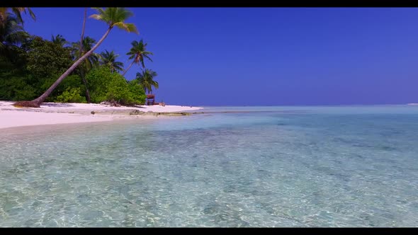 Aerial flying over panorama of perfect lagoon beach wildlife by turquoise ocean with white sandy bac