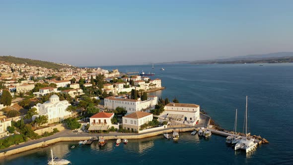 Aerial View of Spetses Old Town and Marina or Seaport Greece  Drone Videography