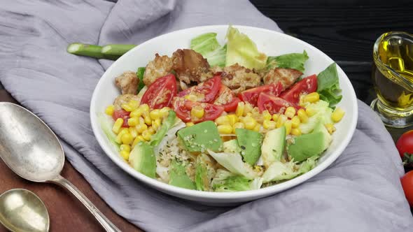 Vegan Healthy Rainbow Salad with Quinoa Tofu Avocado and Kale White Background