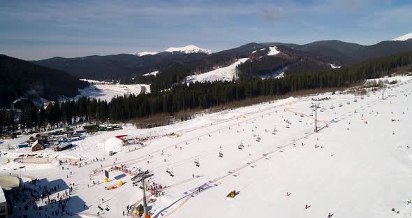 Aerial View of the Ski Resort in Mountains at Winter