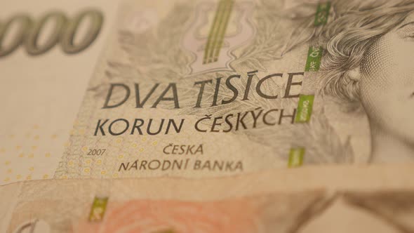 Slow pan on Czech Republic koruna 2000 currency banknotes 4K 2160p 30fps UltraHD footage - Close-up 