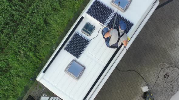 Drying And Wiping Off Water From Roof. 