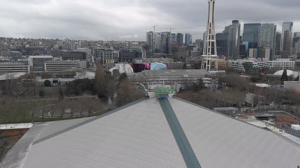 Aerial shot zooming in to show the Climate Pledge Arena sign.