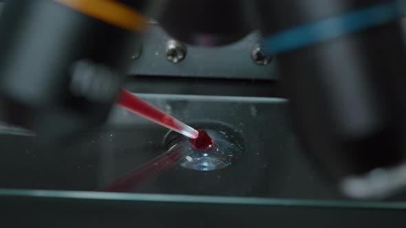 Micro Pipette Dropping Blood Sample on Microscope Tray