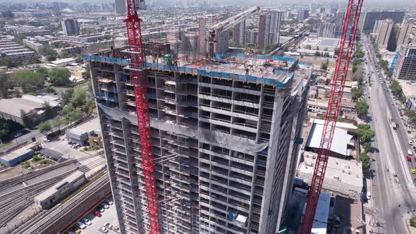 Construction Tower Cranes Over Santiago in Chile. 4K.