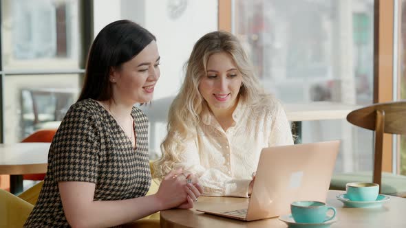 Two Positive Women Using Social Media on Laptop and Talking Sitting in Cafe