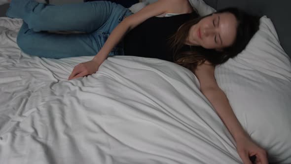 Tired Pretty Woman Falls Face Down Pillow