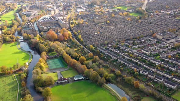 Aerial footage taken in the small town of Shipley in the City of Bradford, West Yorkshire in the UK