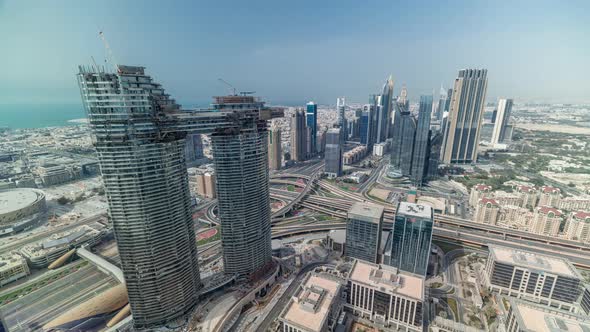 Dubai International Financial Centre District with Modern Skyscrapers Timelapse
