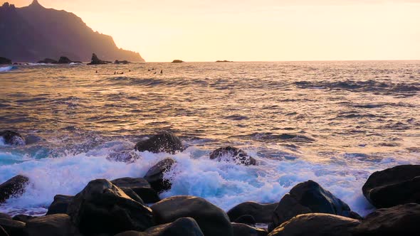 Ocean Waves Crash on Rocks in Sunset Light Playa Benijo Beach, Tenerife, Canary