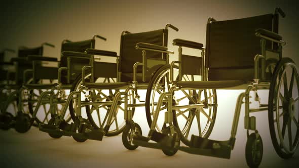 Endless animation of manual wheelchairs stacked one near another. Loopable. HD