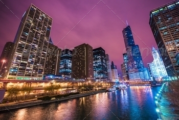  Skyscrapers and Riverwalk. Chicago, Illinois, United States.