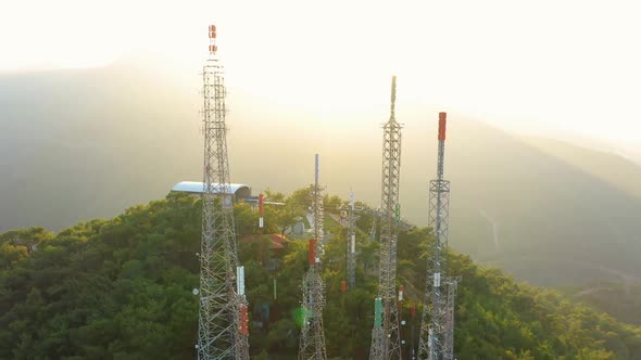Aerial Panoramic View of Communication Towers Antennas in Mountains
