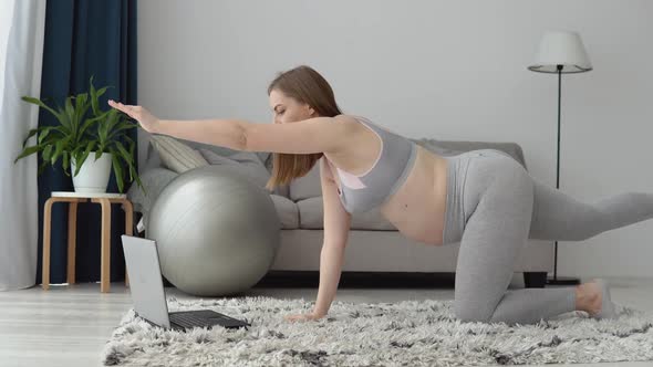 Pregnant Woman in Sportswear Doing Exercises at Home in the Living Room