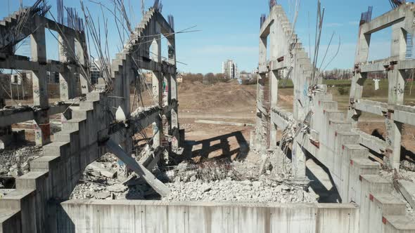 AERIAL: Remnants of Lithuania National Stadium on Sunny Day in Vilnius